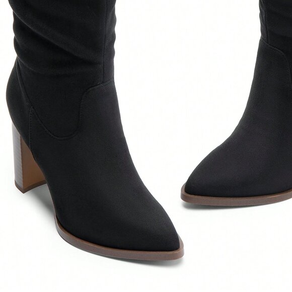 Black Elegant Women's Knee-High Pointed Toe Chunky Block Heel Suede With Side Zi - Picture 9 of 10